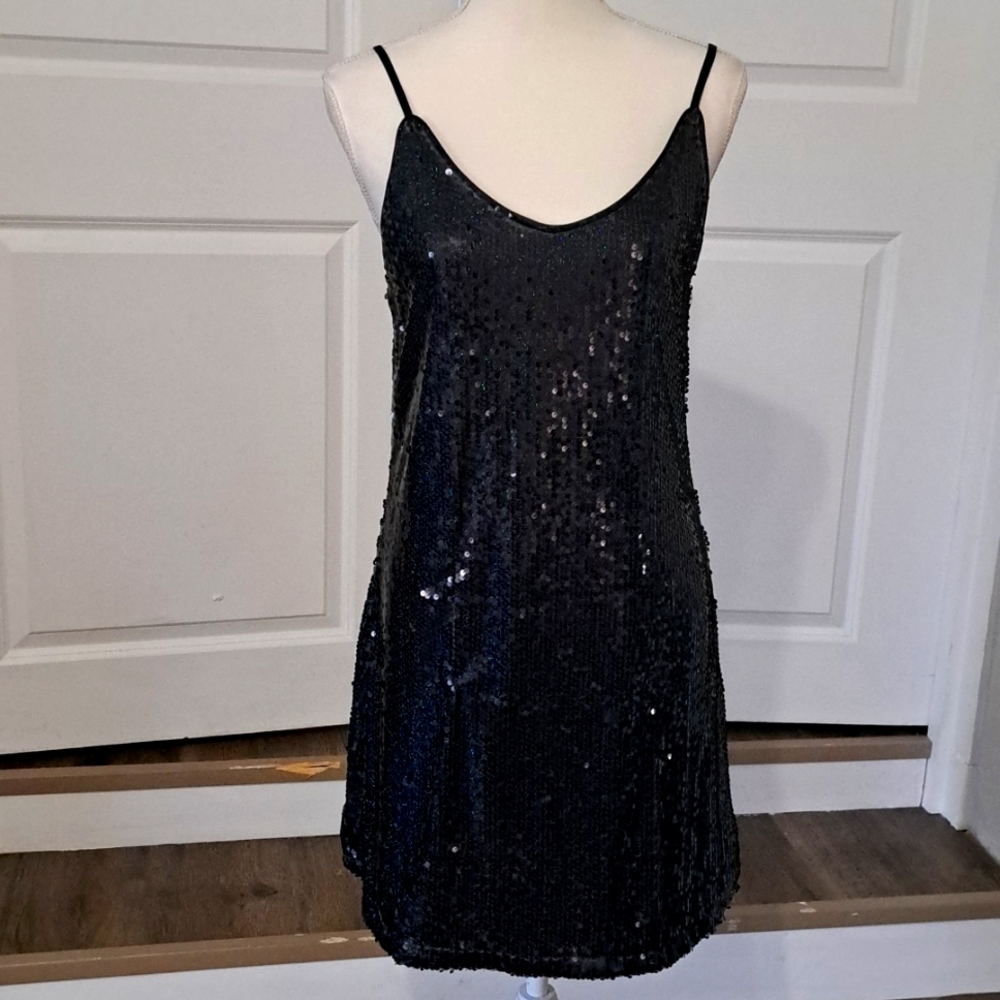 Allegra K Black Sequin Spaghetti Strap V Neck Sparkly Mini Dress Medium NWT